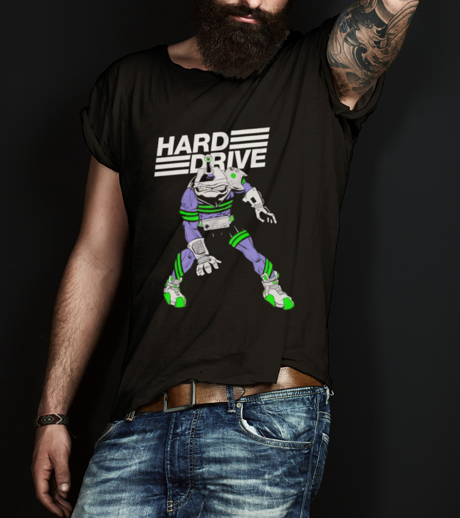 HARD DRIVE Futuristic Cyborg With Green And Purple Accents T-Shirt