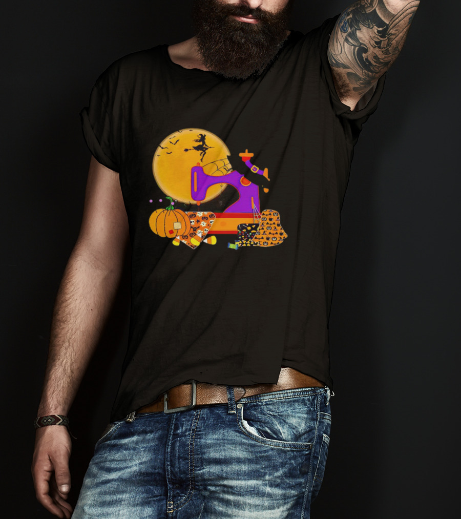 Halloween Witch Flying Over Sewing Machine With Pumpkins And Patchwork T-Shirt