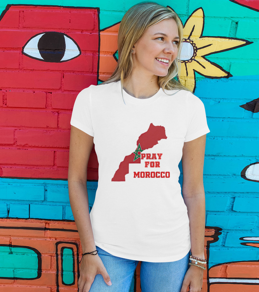 Pray For Morocco Map With Green Star And Red T-Shirt