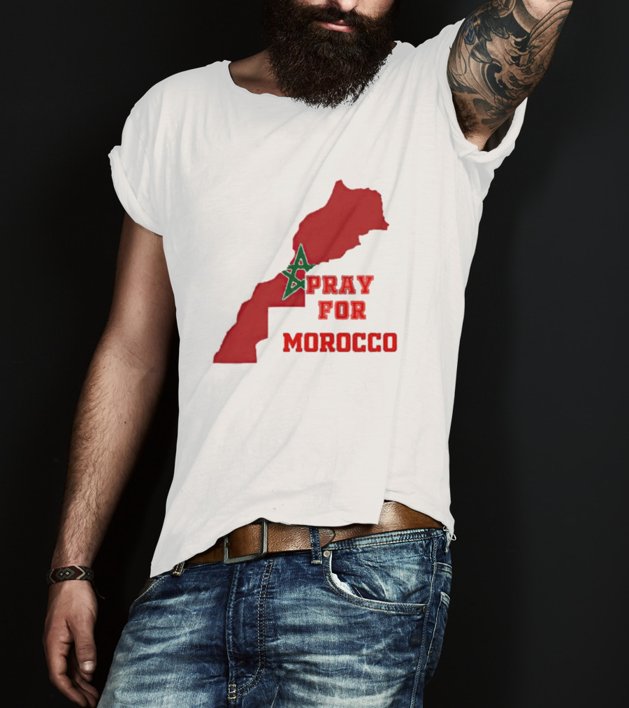 Pray For Morocco Map With Green Star And Red T-Shirt