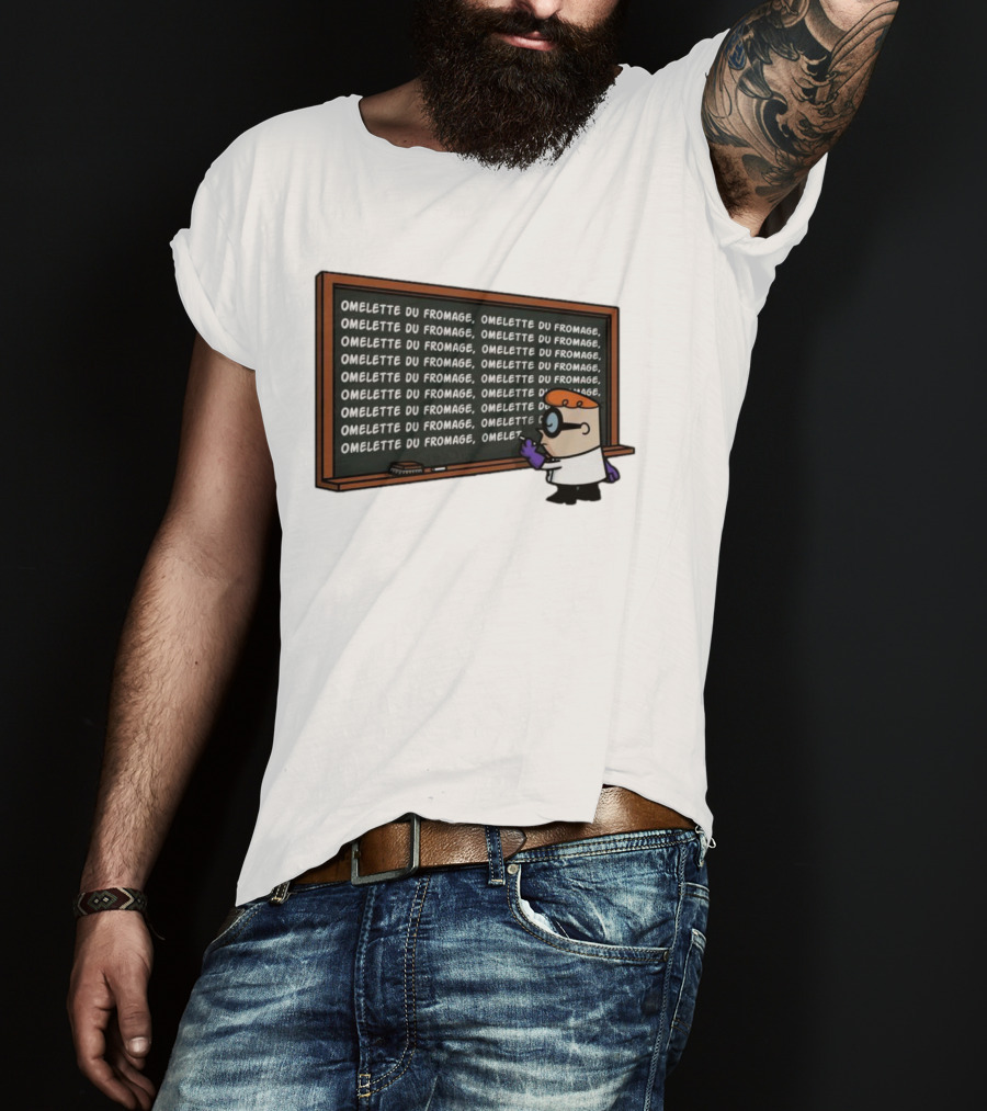 Omelette Du Fromage Chalkboard Cartoon Character Writing T-Shirt