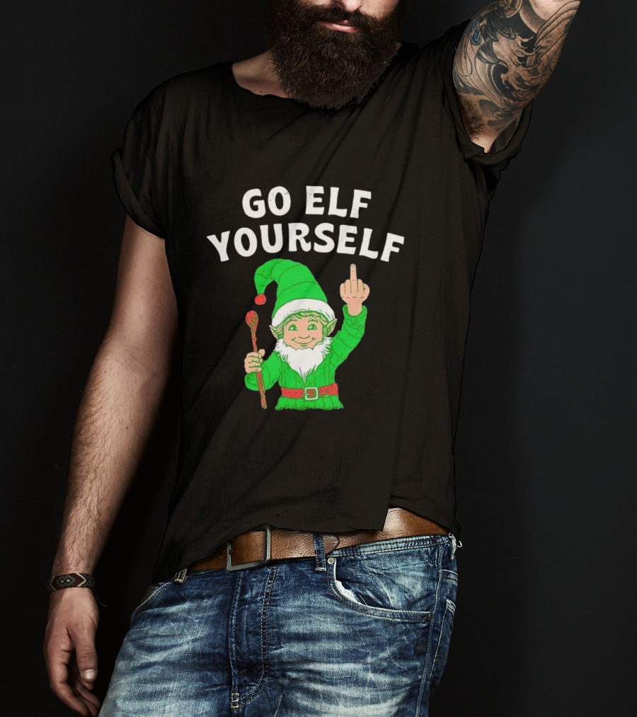GO ELF YOURSELF Middle Finger Green Elf With Candy Cane T-Shirt