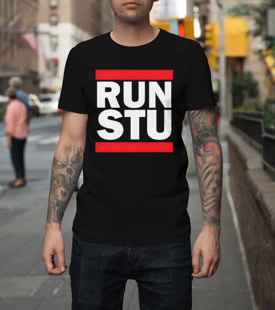 RUN STU Logo with Bold White Lettering in Red Bars T-Shirt