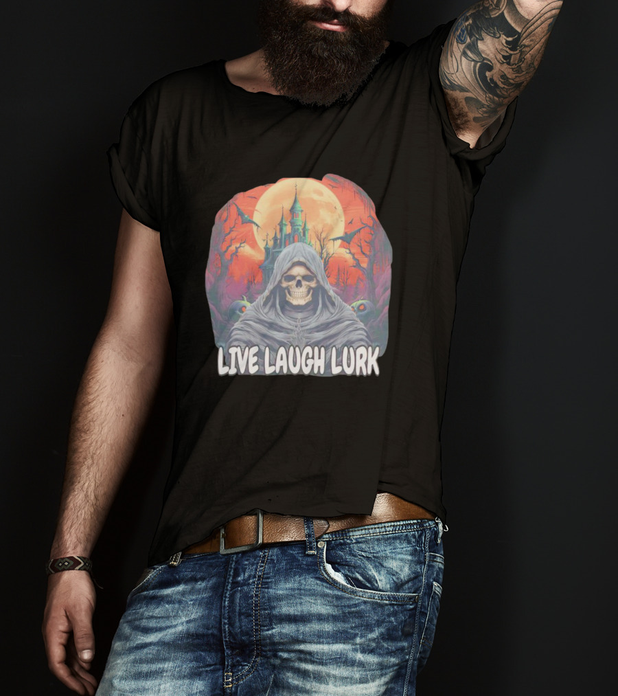 Live Laugh Lurk Skeleton Haunted Castle Bats Full Moon T-Shirt