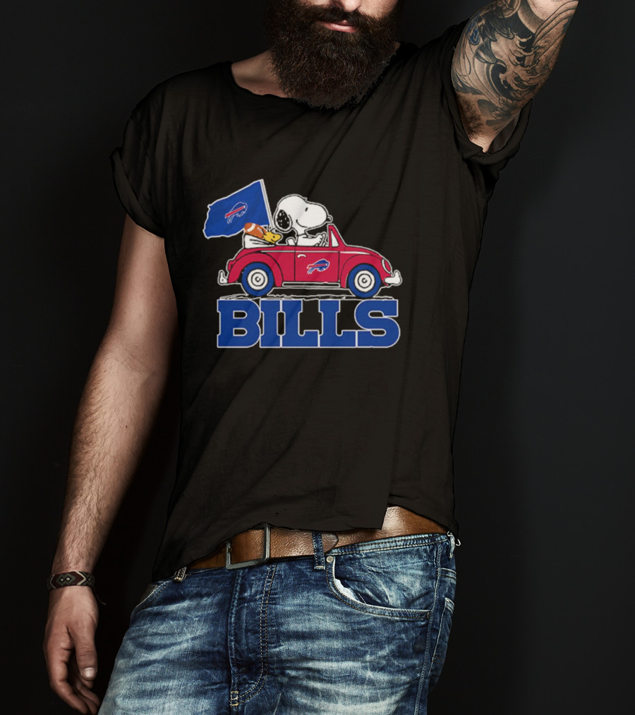 Snoopy Woodstock Driving Red Car Buffalo Bills Flag T-Shirt