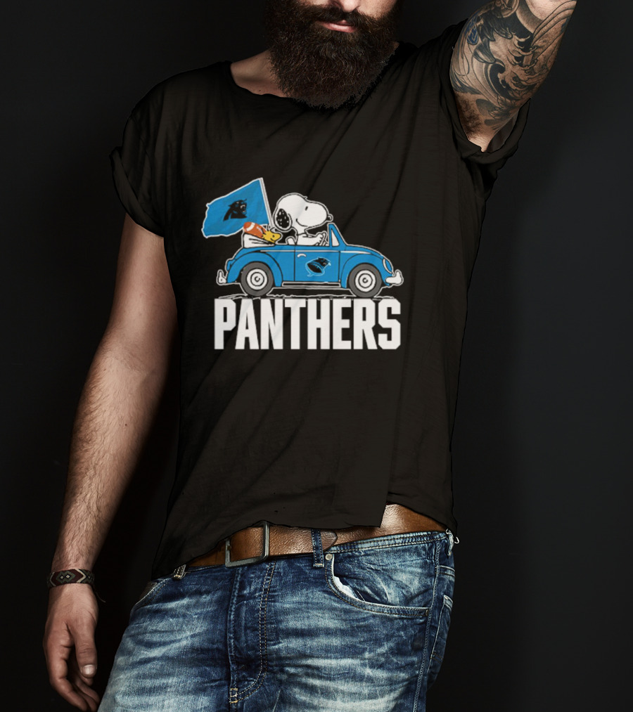 Snoopy And Woodstock Driving Car Panthers Flag T-Shirt
