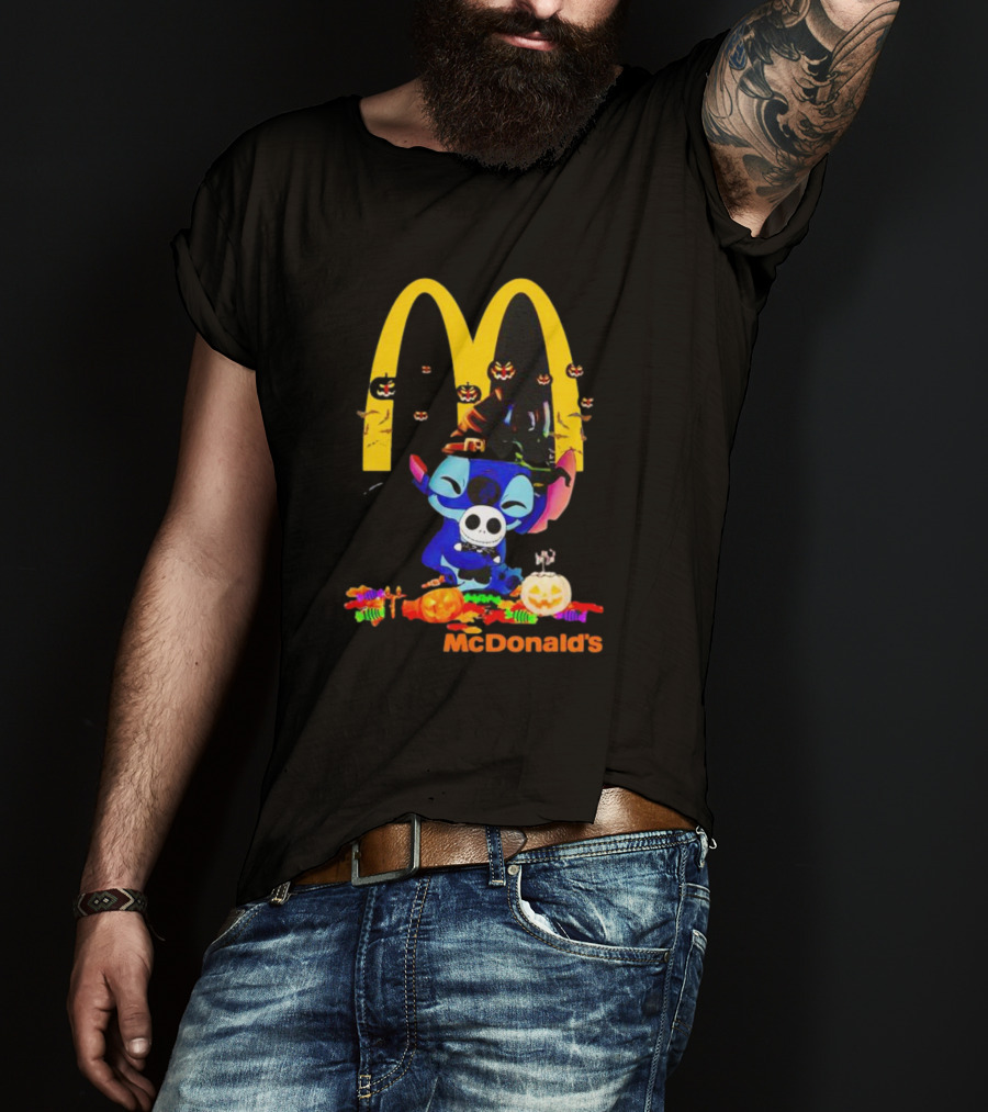 Stitch Hugging Jack Skellington With McDonald’s Halloween Pumpkins And Candy T-Shirt