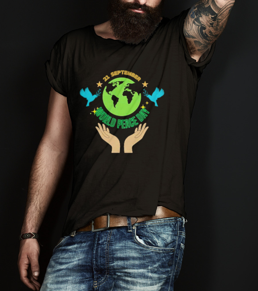 21 September World Peace Day Earth Doves Hands Stars T-Shirt