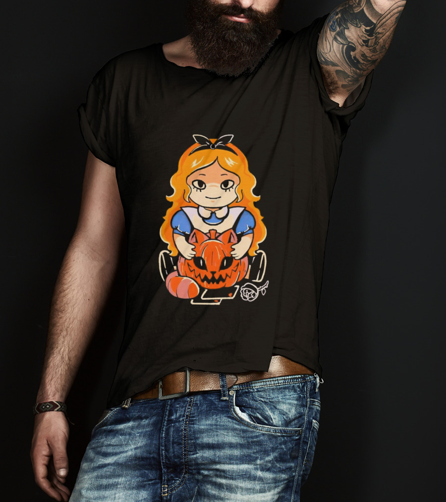 Chibi Alice Wonderland Halloween With Pumpkin And Rose T-Shirt