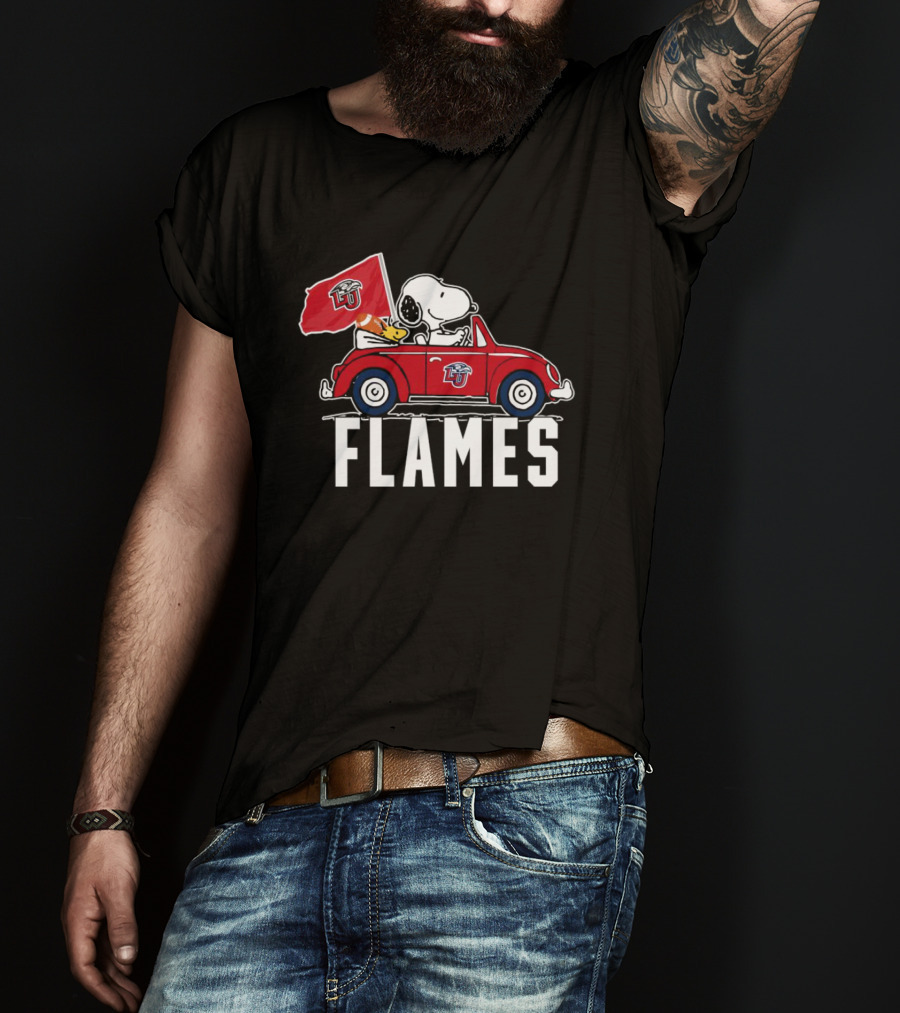 Snoopy And Woodstock Driving Liberty University Flames Car T-Shirt