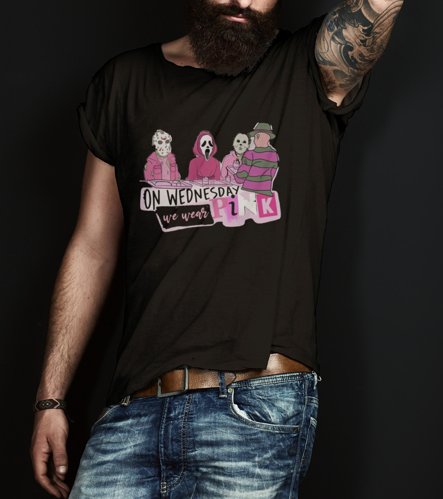 On Wednesday We Wear Pink Horror Movie Characters T-Shirt
