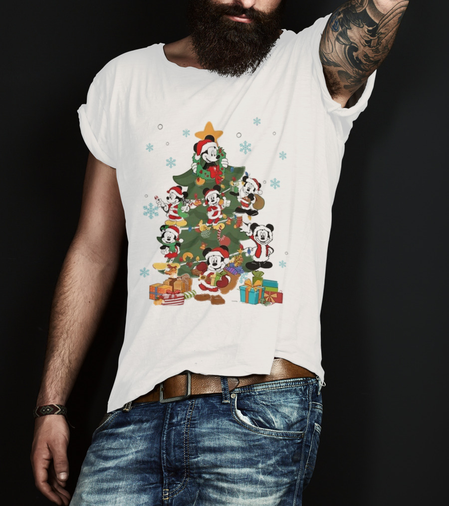 Christmas Tree Mickey Mouse Holiday Characters With Gifts And Snowflakes T-Shirt