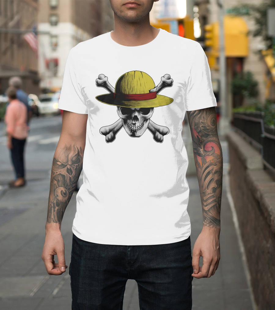 Straw Hat Jolly Roger Pirate Skull and Crossbones T-Shirt