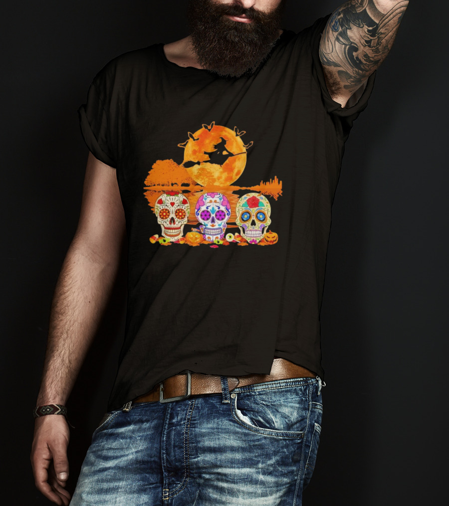 Halloween Witch Sugar Skulls Red Moon Scenic Night T-Shirt