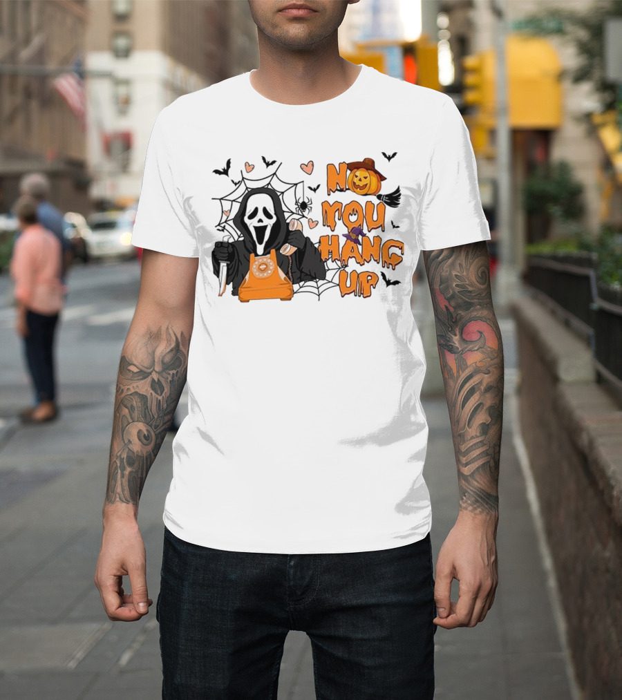 No You Hang Up Ghost with Pumpkin Phone Halloween Bats and Cobwebs T-Shirt
