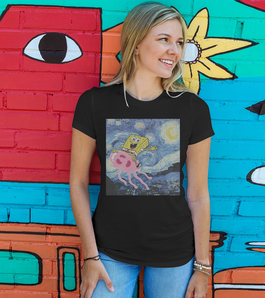 SpongeBob SquarePants Jellyfishing Van Gogh Starry Night Crossover T-Shirt