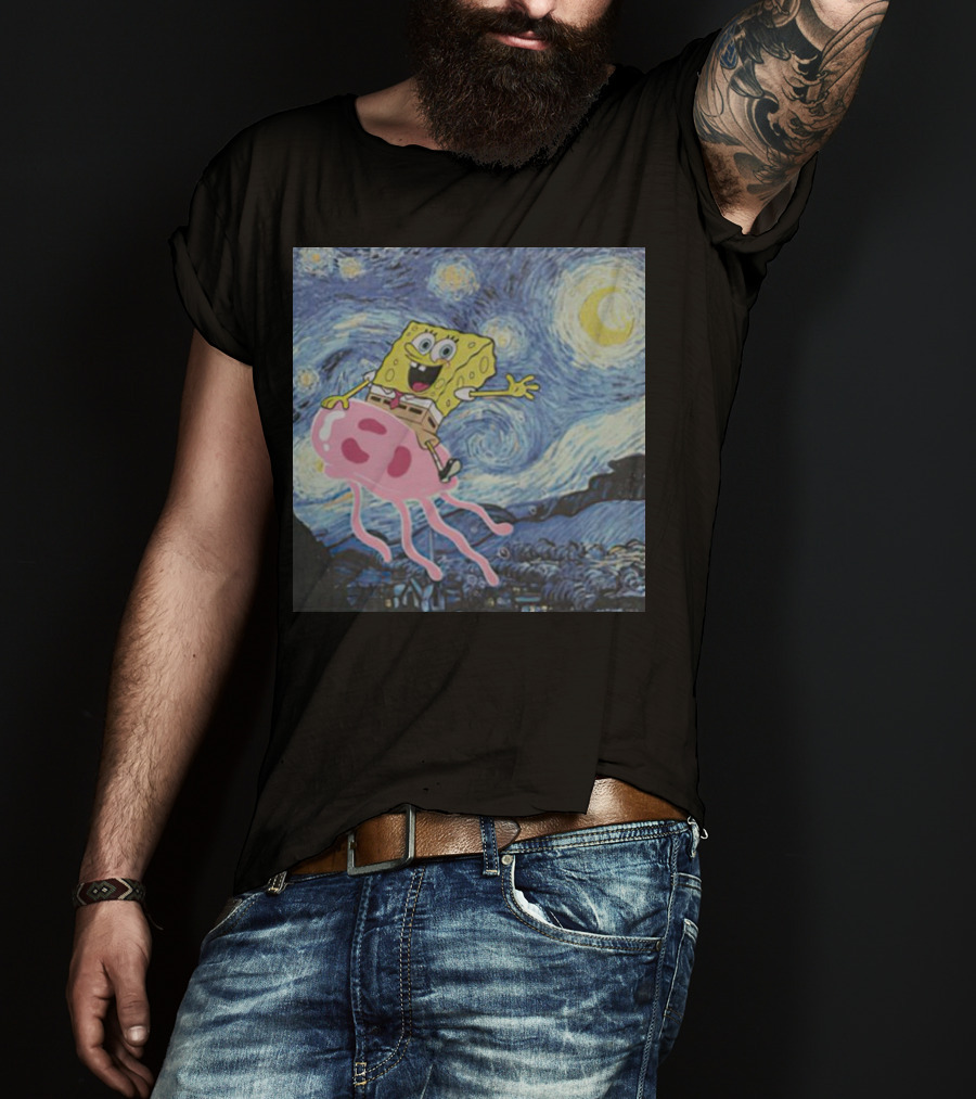 SpongeBob SquarePants Jellyfishing Van Gogh Starry Night Crossover T-Shirt