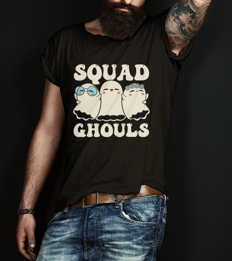 Squad Ghouls Halloween Cute Ghosts With Glasses And Flowers T-Shirt