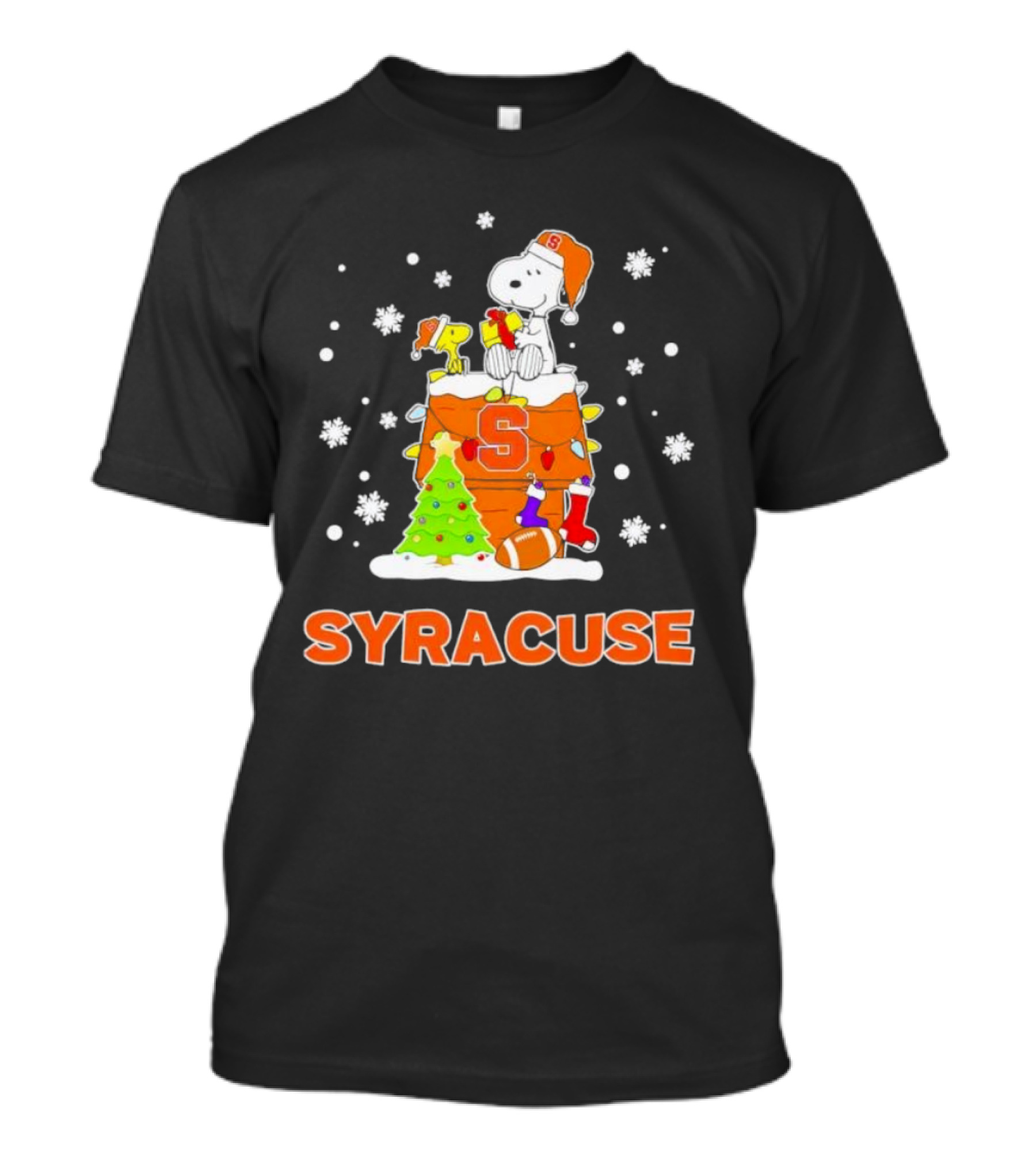 Snoopy And Woodstock On Syracuse Orange Doghouse Christmas Football Scene T-Shirt