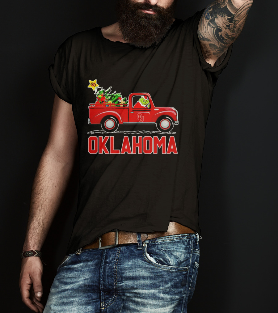 Grinch Driving Red Truck With Christmas Tree And Oklahoma Sooners T-Shirt