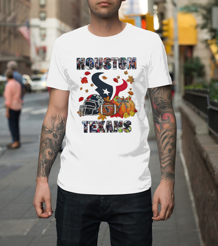 Houston Texans Football Helmet Pumpkin Autumn Leaves T-Shirt