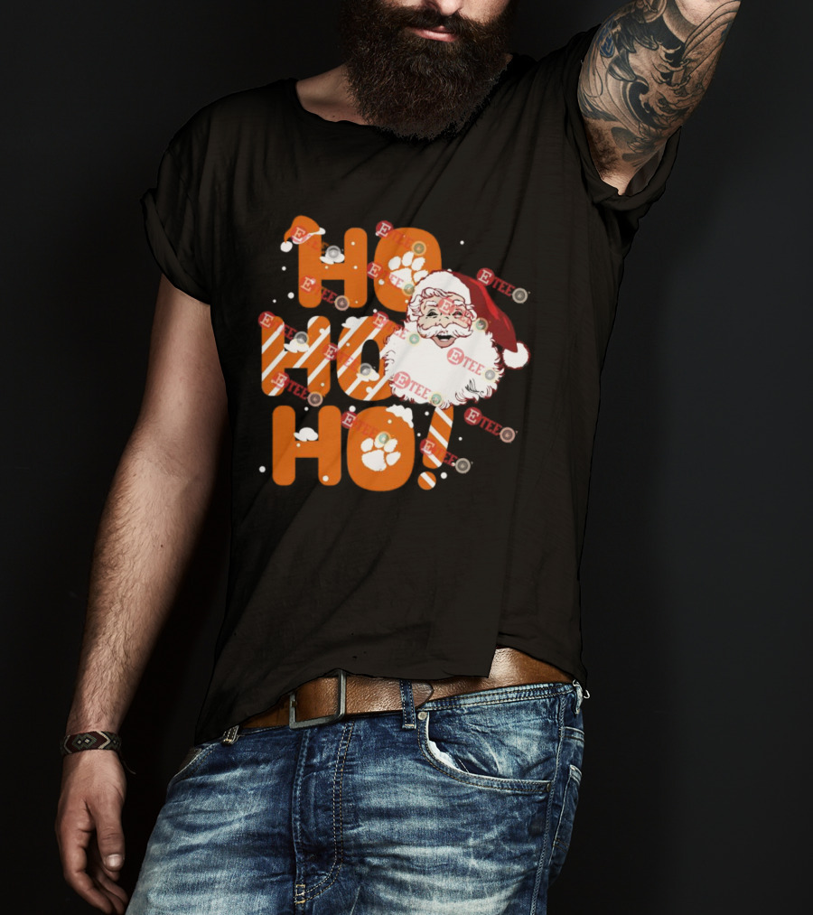 Clemson Tigers Santa Claus Ho Ho Ho Christmas Paw Print Snowflakes T-Shirt