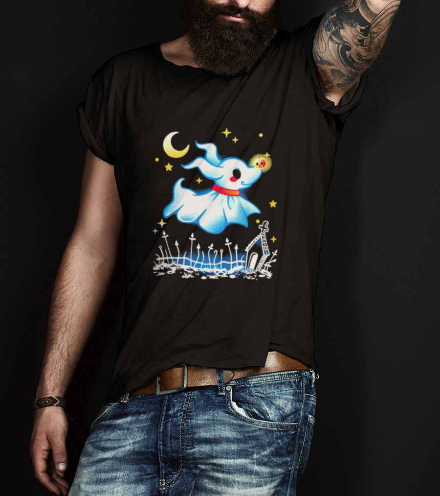 Flying Ghost Dog With Moon And Stars Halloween Scene T-Shirt