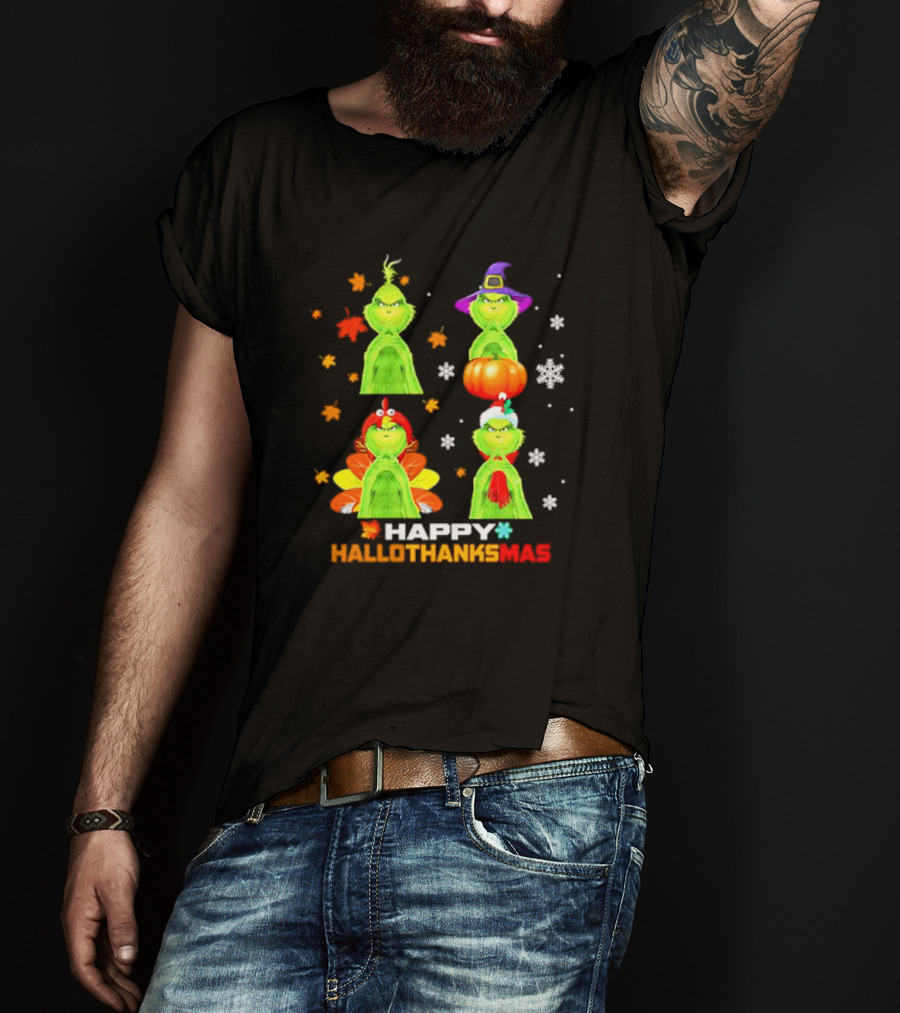 Happy Hallothanksmas Grinch Halloween Thanksgiving Christmas T-Shirt