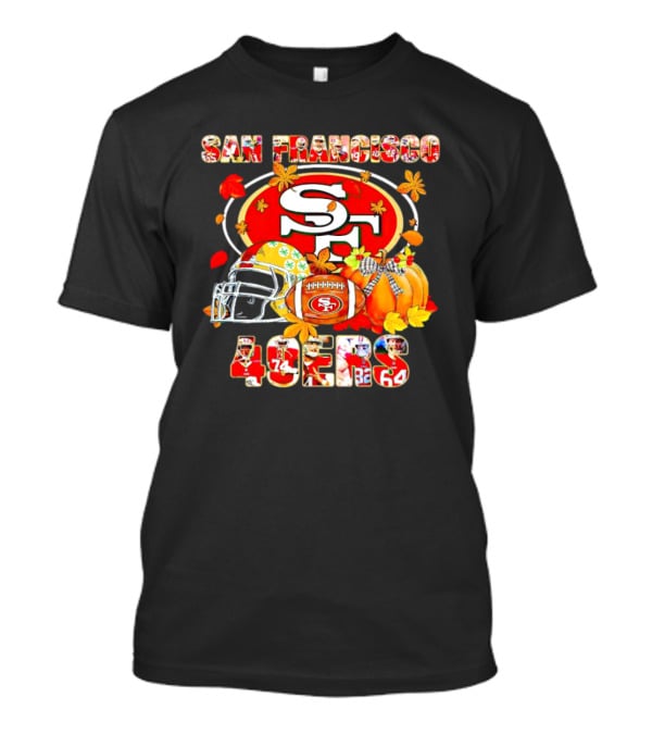 San Francisco 49ers Autumn Football With Helmets And Pumpkins T-Shirt