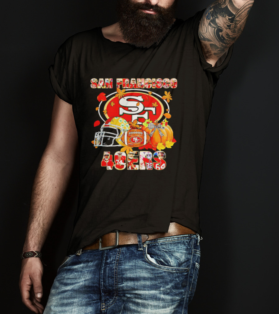 San Francisco 49ers Autumn Football With Helmets And Pumpkins T-Shirt
