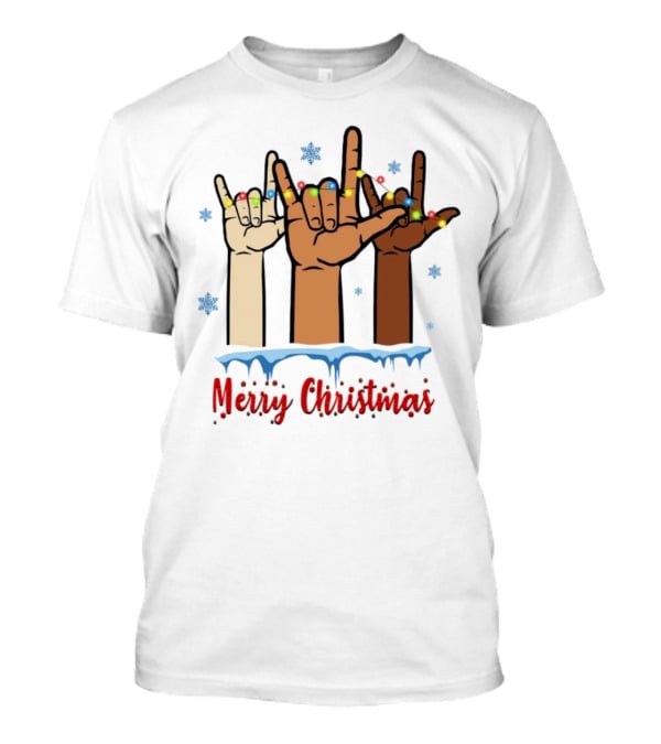 Merry Christmas Deaf Awareness Hand Sign Language With Snowflakes And Festive Lights T-Shirt