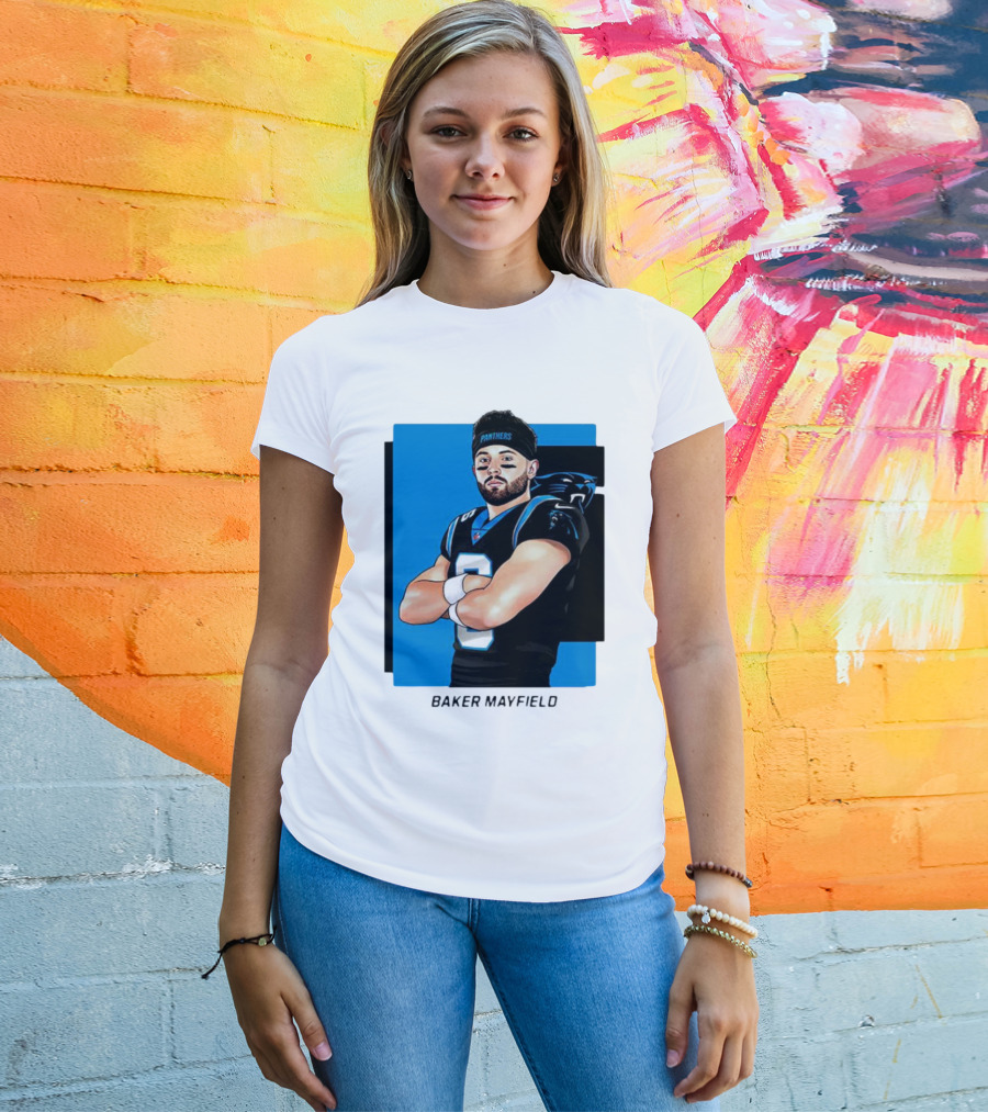 Carolina Panthers Baker Mayfield Artwork With Team Uniform T-Shirt