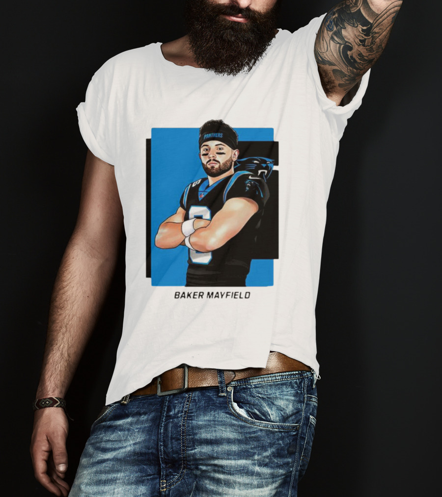Carolina Panthers Baker Mayfield Artwork With Team Uniform T-Shirt