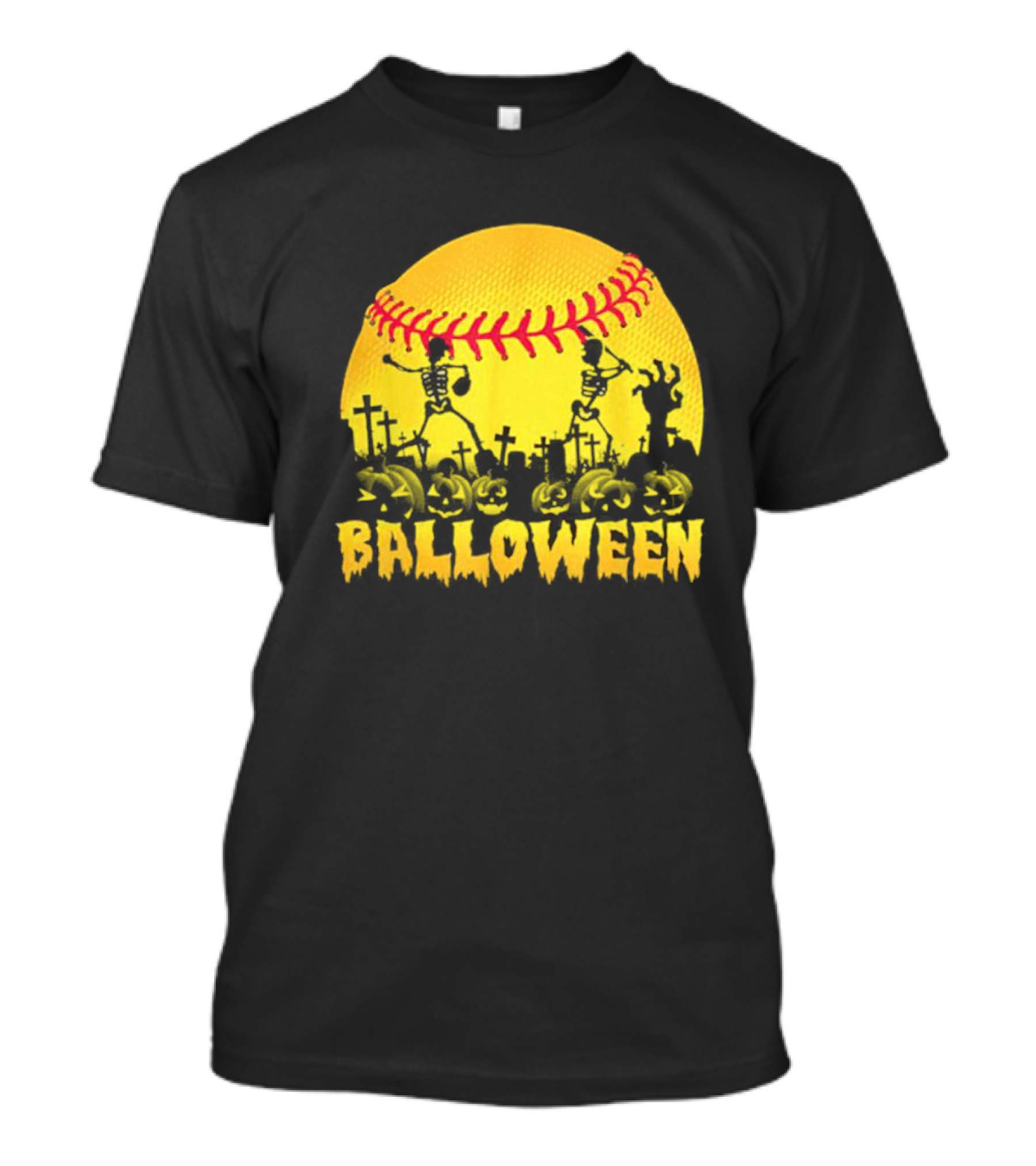 Balloween Softball Halloween Pumpkin Skeletons Graveyard T-Shirt