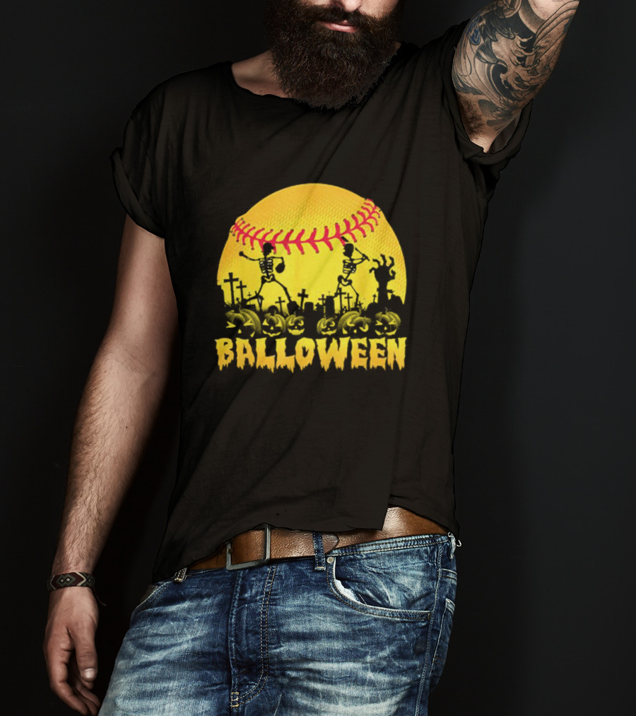 Balloween Softball Halloween Pumpkin Skeletons Graveyard T-Shirt