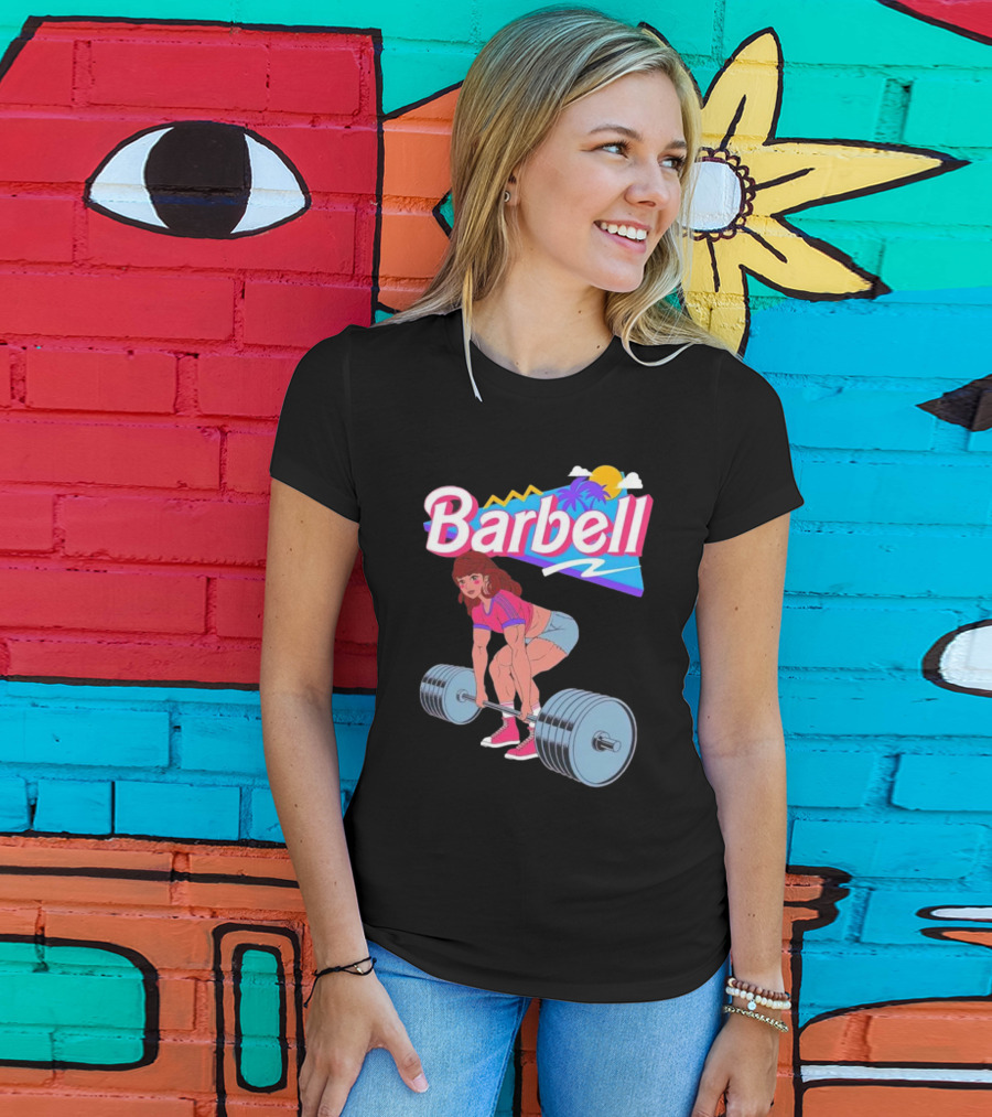 Barbell Brunette Retro Workout With Tropical Sunset And 80s Vibes T-Shirt