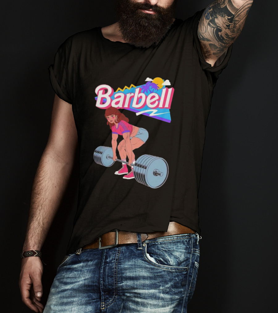 Barbell Brunette Retro Workout With Tropical Sunset And 80s Vibes T-Shirt