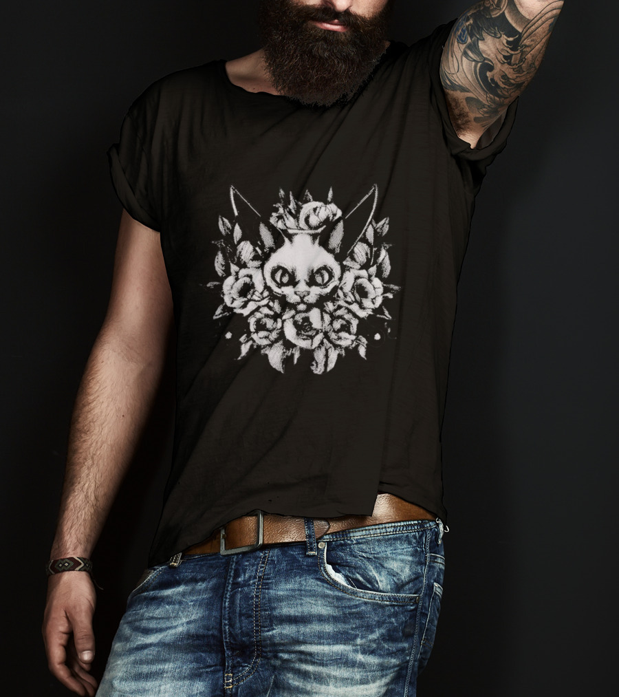 Cat Surrounded By Knives And Flowers T-Shirt