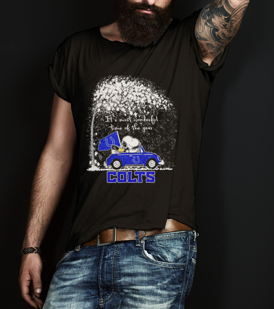 Snoopy And Woodstock Colts It's Most Wonderful Time Of The Year Winter Car Scene T-Shirt