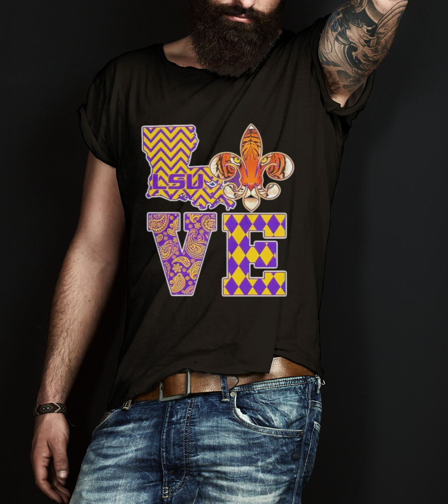 LSU Tigers Love Fleur De Lis Louisiana Purple Gold Chevron Paisley Harlequin T-Shirt