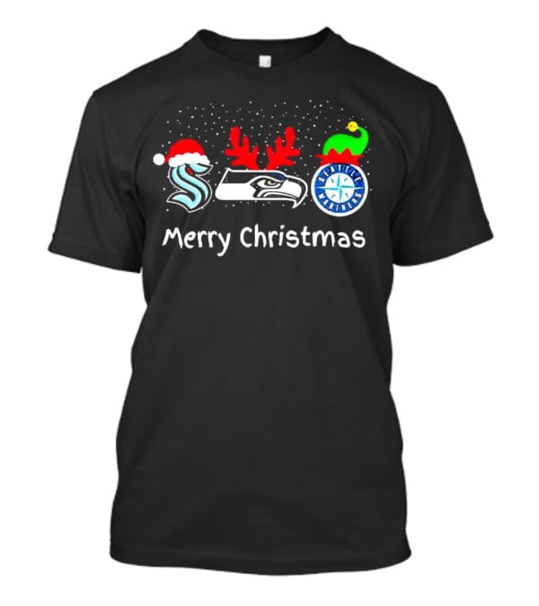 Seattle Kraken Seahawks Mariners Santa Reindeer Elf Merry Christmas T-Shirt