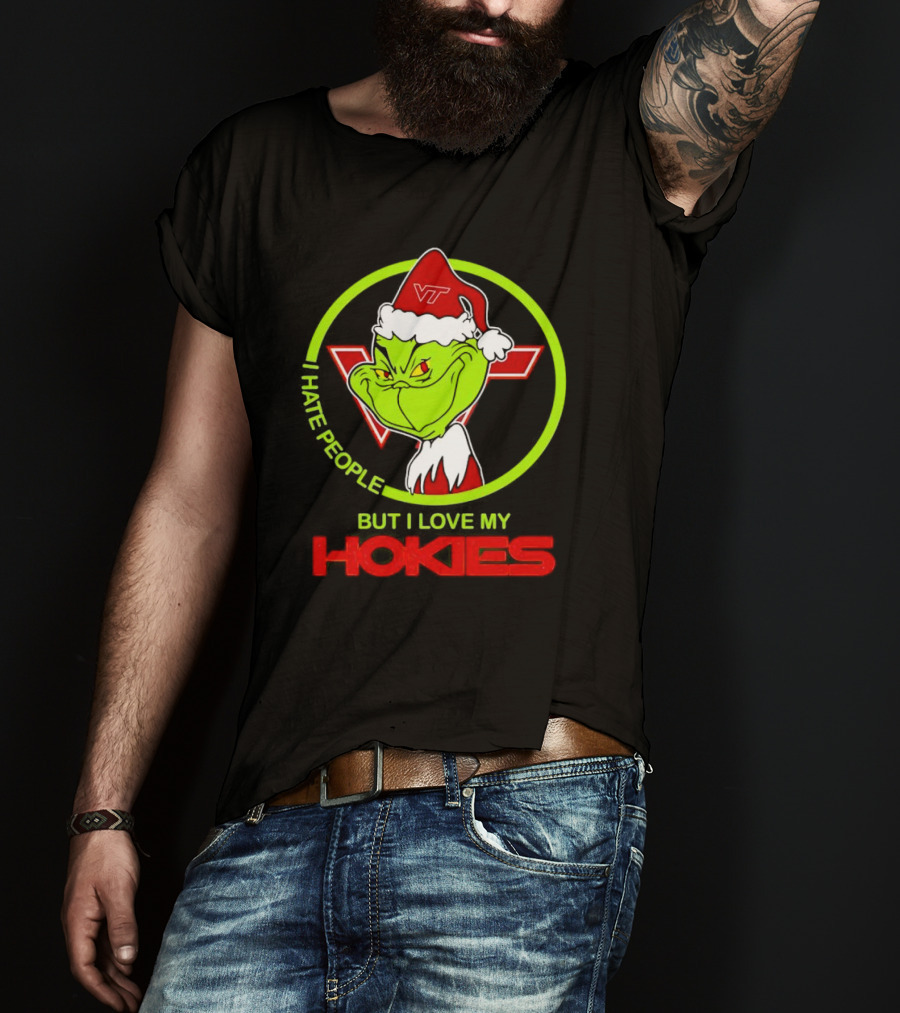 I Hate People Grinch Loves Hokies Christmas VT Santa Hat T-Shirt