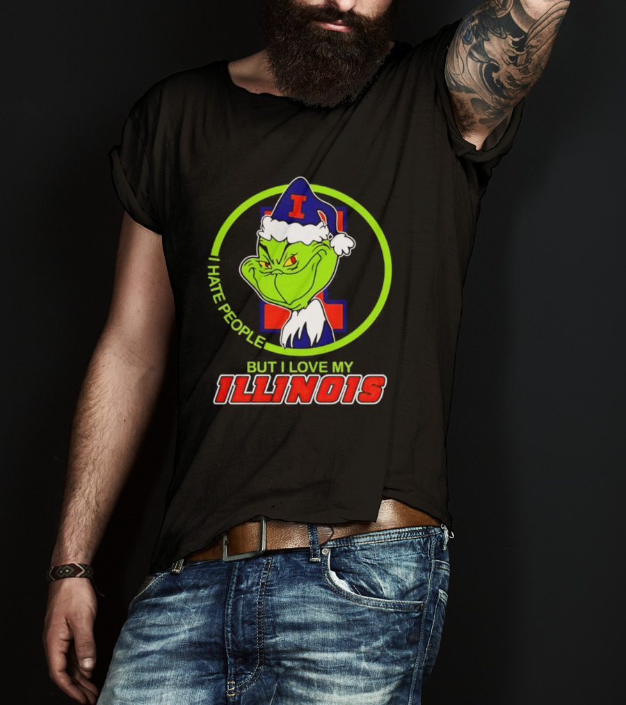 Grinch I Hate People But I Love My Illinois Holiday Spirit T-Shirt