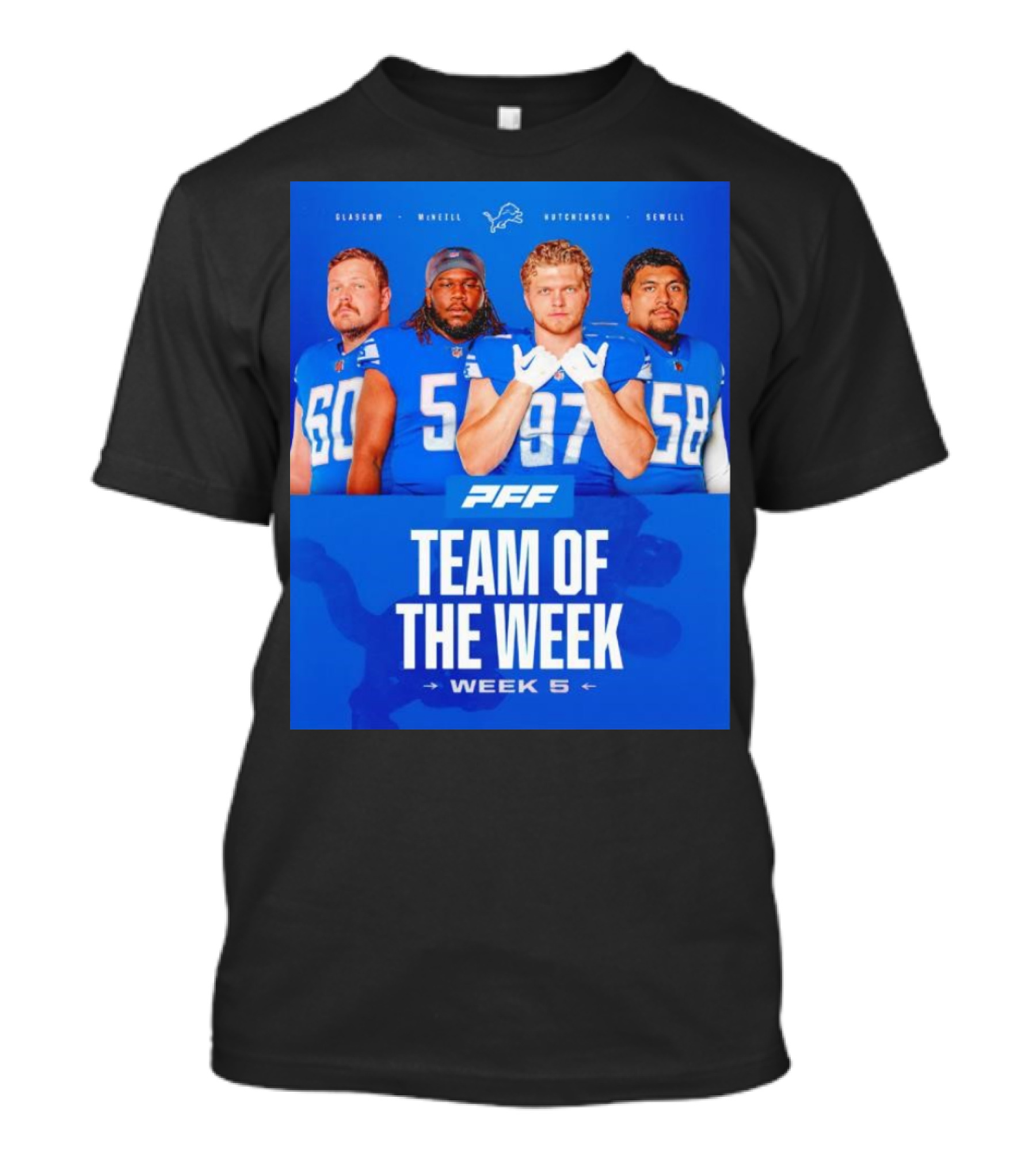 PFF Detroit Lions Glasgow McNeill Hutchinson Sewell Team Of The Week Week 5 T-Shirt