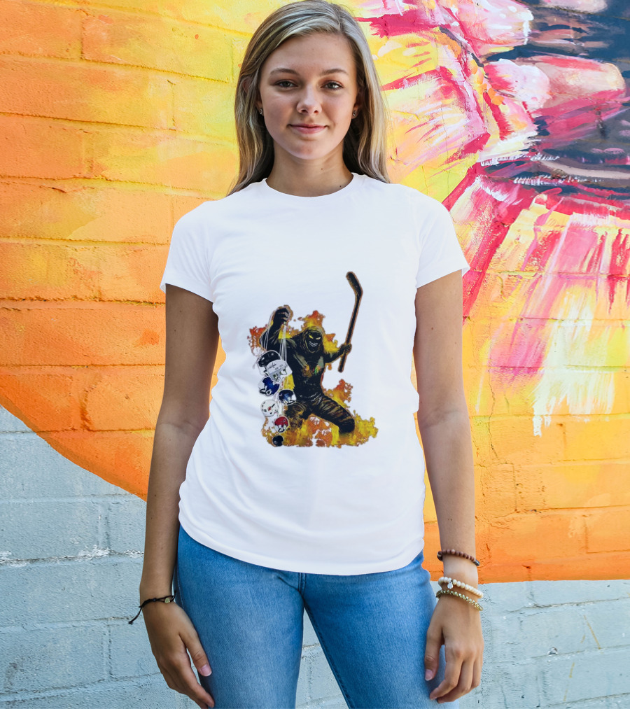 Evil Fire Hockey Player Holding Chicago Blackhawks And NHL Helmets T-Shirt