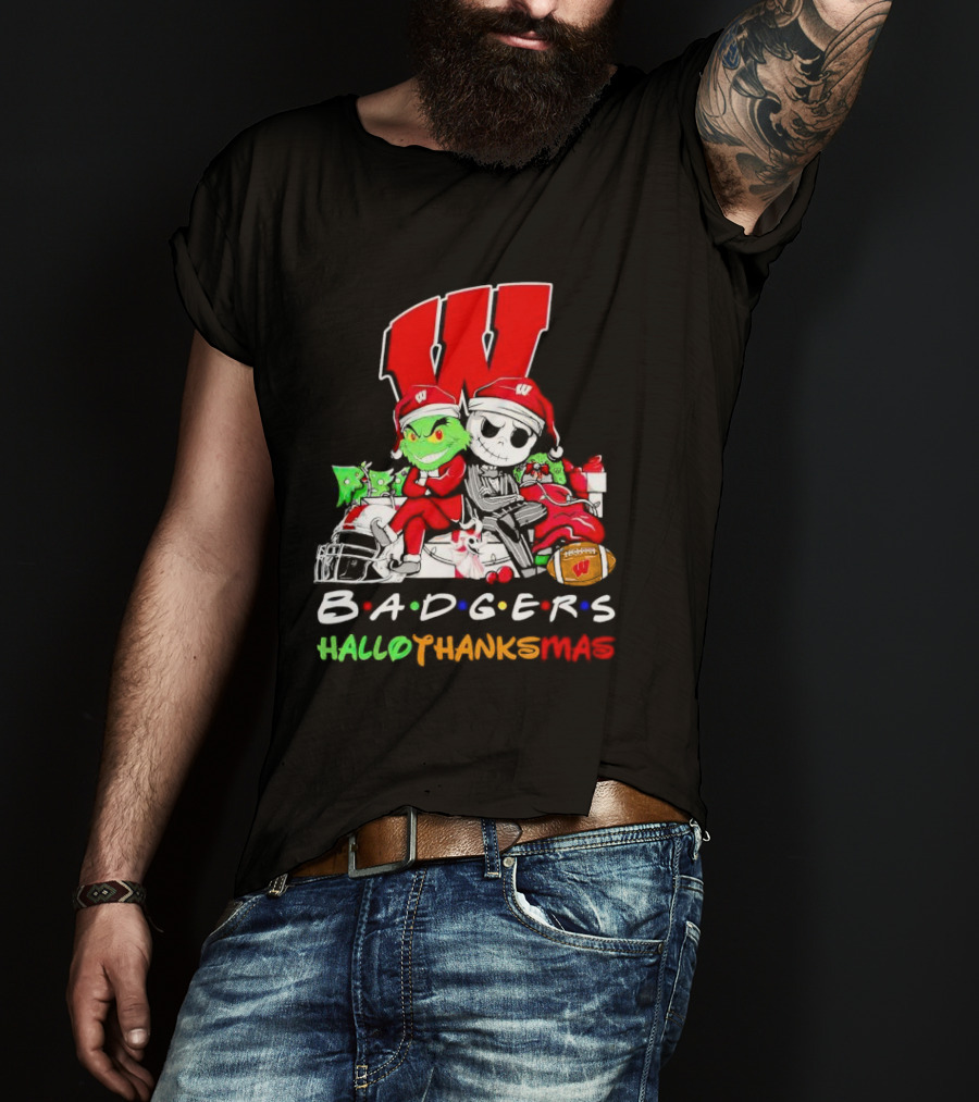 Badgers HalloThanksMas Grinch Jack Skellington Friends Football W T-Shirt