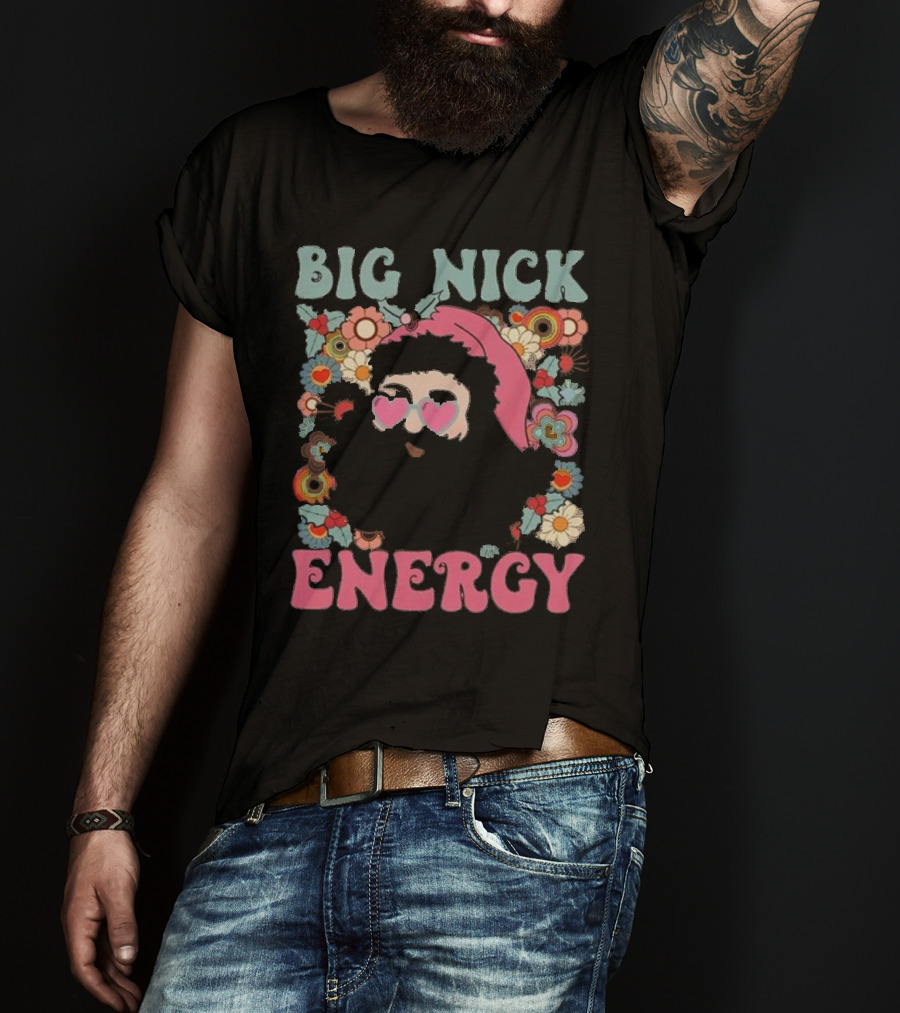 Big Nick Energy Merry Christmas Party Funny Santa With Flowers And Heart Sunglasses T-Shirt