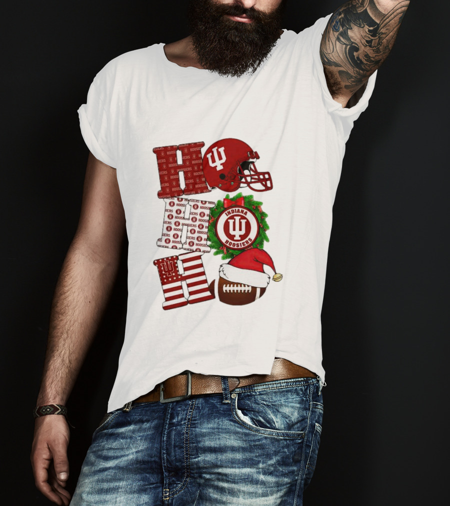 Indiana Hoosiers Christmas Ho Ho Ho Football Helmet Wreath Santa Hat T-Shirt