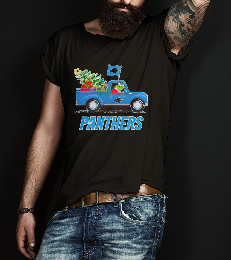 Grinch In Blue Christmas Truck With Carolina Panthers Logo And Tree T-Shirt