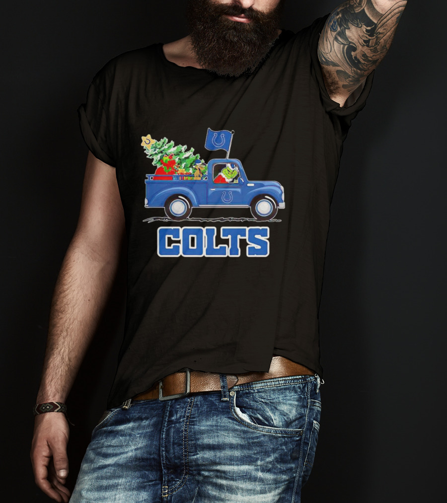 Grinch Driving Christmas Truck With Indianapolis Colts Logo And Tree T-Shirt